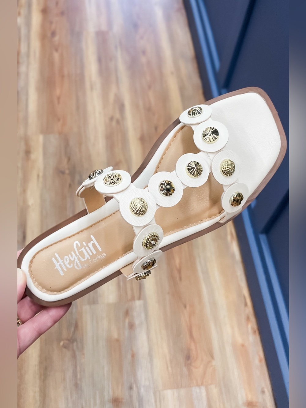 Corkys Footwear Beach What Off White Ivory Summer Flat Sandals Gold Medallions